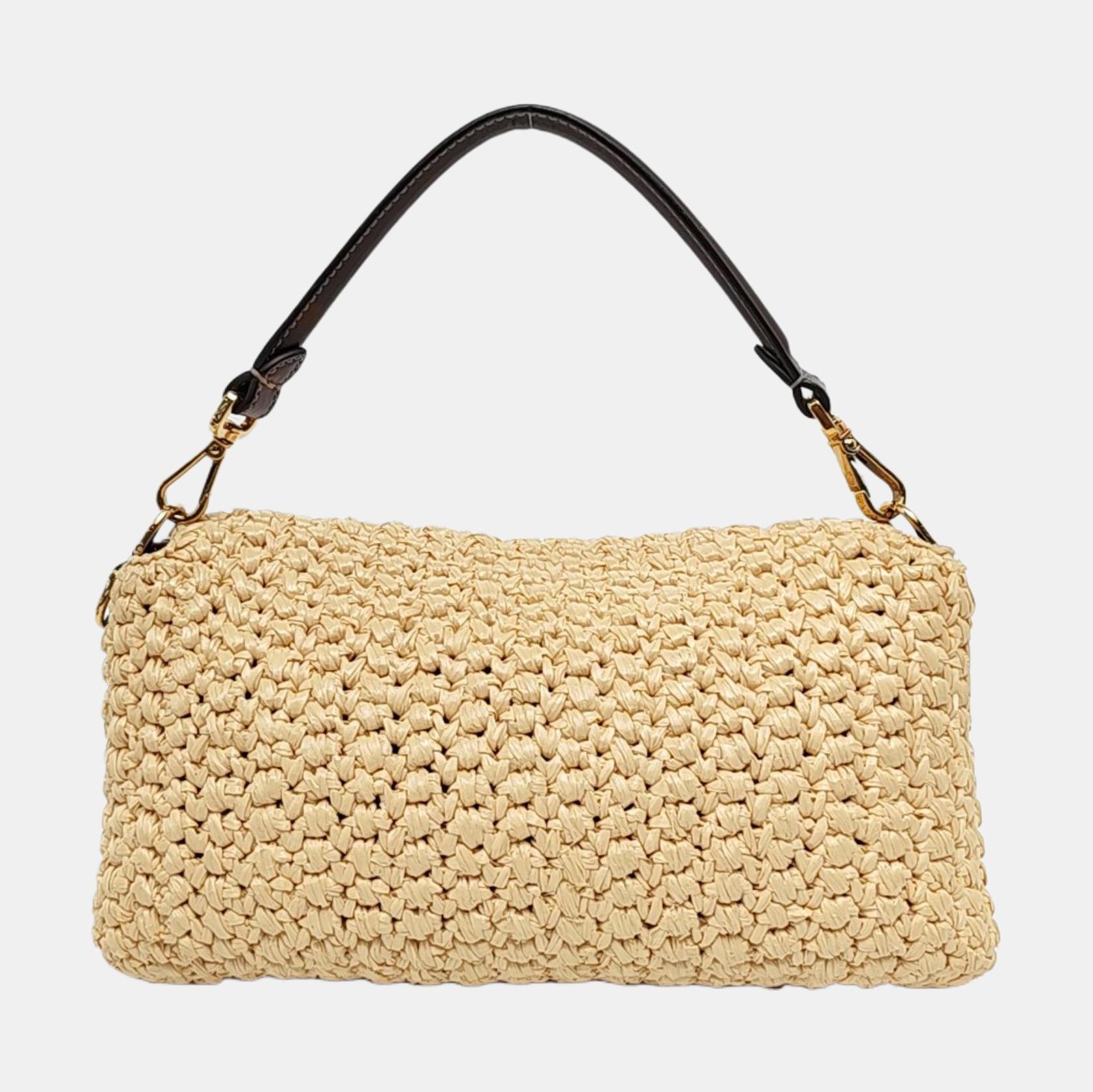 Fendi Baguette Medium Beige Raffia Brown Leather Crossbody Bag en vente 1