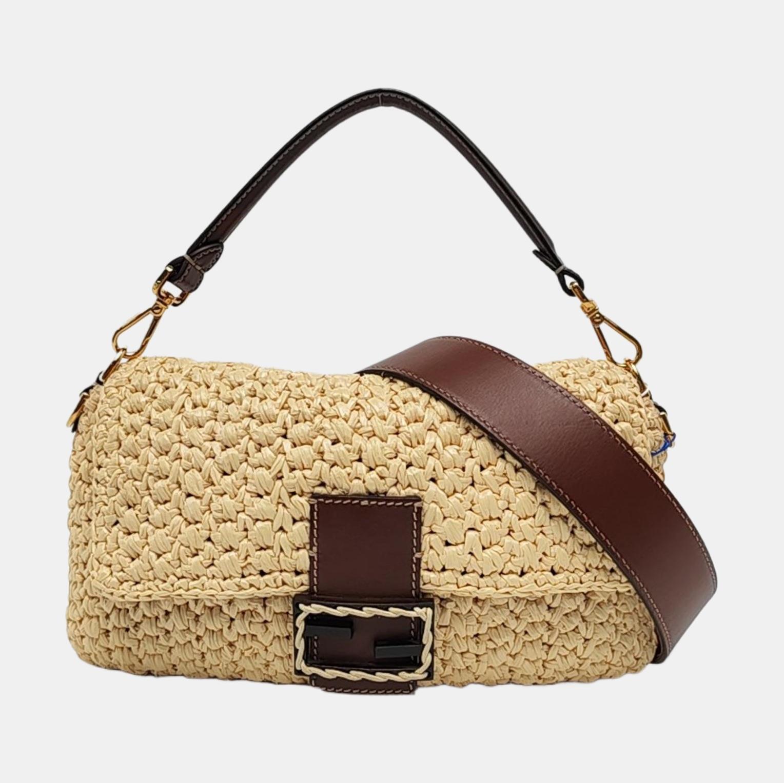 Fendi Baguette Medium Beige Raffia Brown Leather Crossbody Bag en vente 4