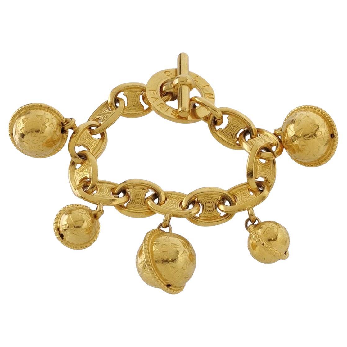 Celine 1990s Gold-tone Triomphe Planet Link Charm Bracelet For