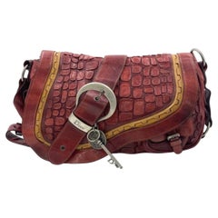 Dior Vintage Gaucho Large Red Leather Crocodile Embossed Crossbody Bag