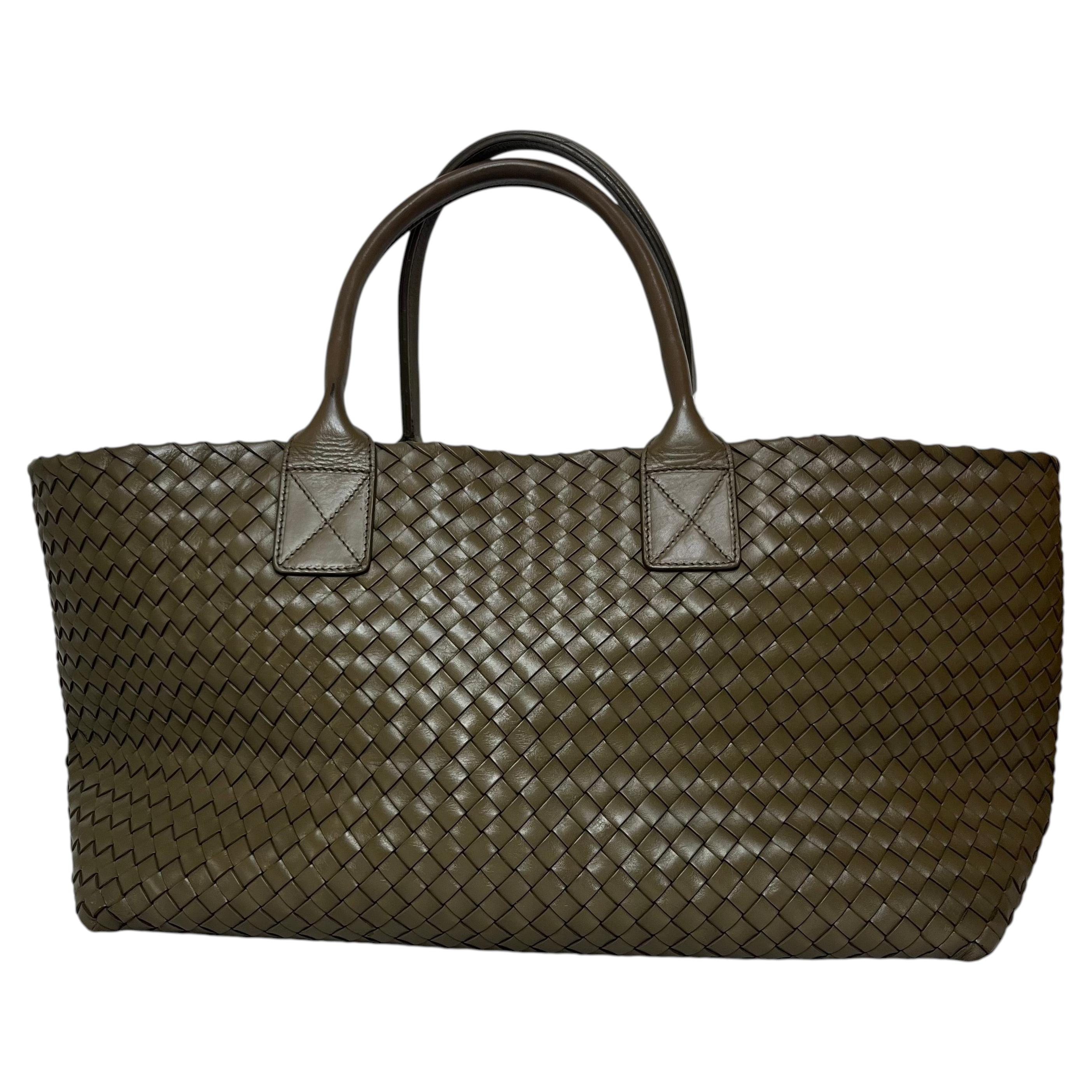 Bottega Veneta Cabat Large Intreccio Leather Tote Bag Dark Olive Green