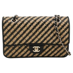 Chanel Medium Raffia Jute Striped Flap Bag Black Diamond Wild Stitch