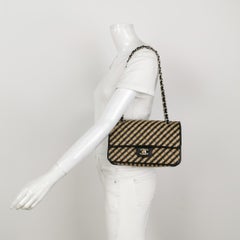 Chanel Medium Raffia Jute Striped Flap Bag Black Diamond Wild Stitch