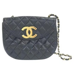 Chanel Vintage Half Moon Flap Bag Black Lambskin Leather Mega Gold Hardware