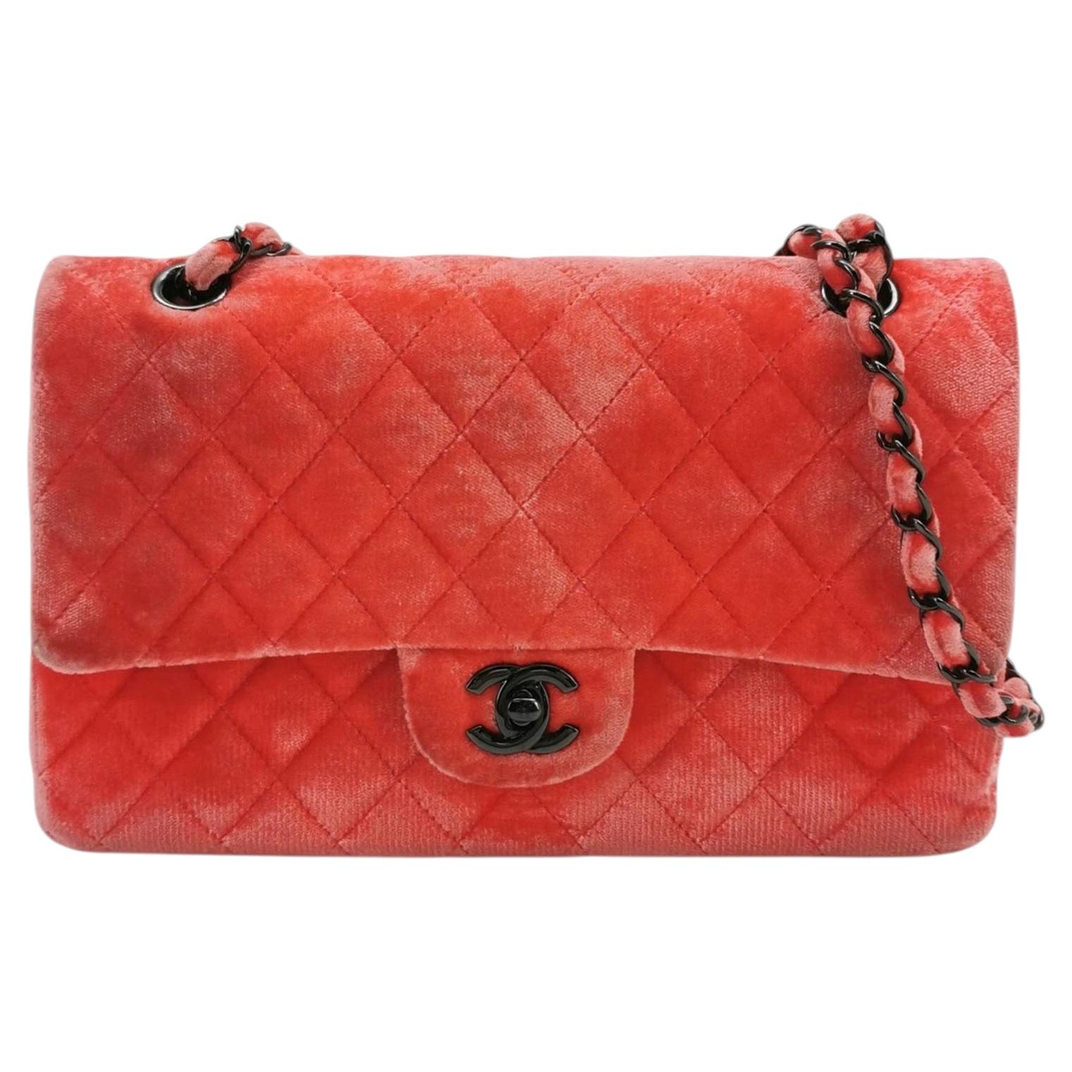 Chanel Classic Flap Medium Coral Orange Velvet Silver Hardware For Sale