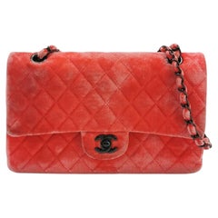 Chanel Classic Flap Medium Coral Orange Velvet Silver Hardware