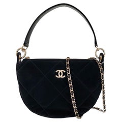 Chanel Black Velvet Quilted Hobo Bag with Chain Coco Neige