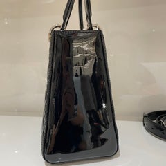 Lady Dior Medium Cherry Black Patent Leather Silver Hardware Adjustable Strap