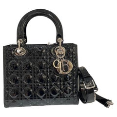 Lady Dior Medium Cherry Black Patent Leather Silver Hardware Adjustable Strap