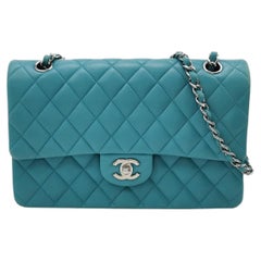 Chanel Timeless Classic Flap Medium Light Blue Lambskin Leather Silver Hardware