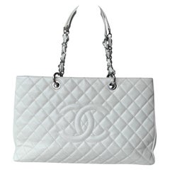 Chanel GST Grand Shopping Tote Large White Caviar Leather Silver Hardware