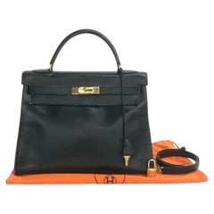 Hermès Kelly 32 Retourne 1979 Black Box Leather Gold Hardware With Strap