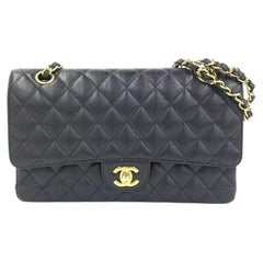 Chanel Classic Flap Medium Black Caviar Leather Double Flap Gold Hardware