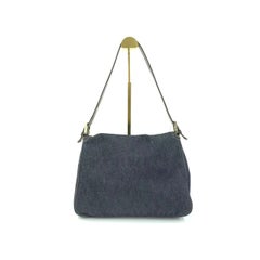 FENDI Mamma Baguette Navy Blue Denim Brown Leather Shoulder Bag