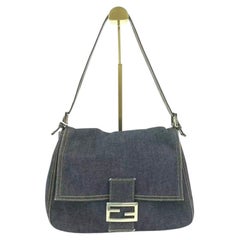 FENDI Mamma Baguette Navy Blue Denim Brown Leather Shoulder Bag