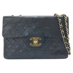 Chanel Classic Flap Large 1994 Vintage Black Lambskin Leather Mega CC Logo