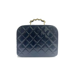 Chanel Vanity Case Vintage Black Patent Leather Top Handle with Strap