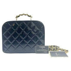 Chanel Vanity Case Vintage Black Patent Leather Top Handle with Strap