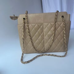 Chanel Vintage Beige Quilted Lambskin Tote Bag Gold Hardware