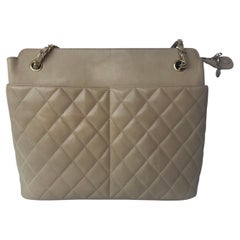 Chanel Vintage Beige Quilted Lambskin Tote Bag Gold Hardware