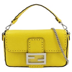 Fendi Baguette Mini Selleria Lemon Yellow Calfskin Leather Crossbody Bag
