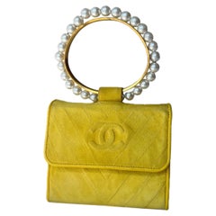 Chanel Vintage Yellow Suede Pearl Handle Clutch Evening Bag