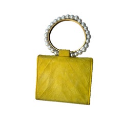 Chanel Vintage Yellow Suede Pearl Handle Clutch Evening Bag