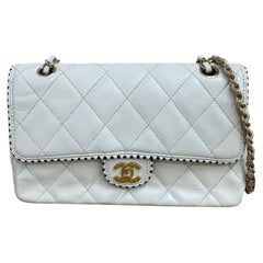 Chanel Medium Flap Bag Happy Stitch White Lambskin Leather 24k Gold Hardware
