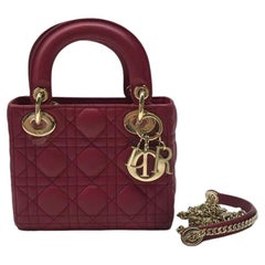 Lady Dior Mini Dark Red Lambskin Leather Gold Chain Strap