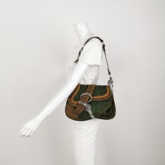 Sac à bandoulière Dior Vintage « Gaucho » grand format, en denim vert et cuir marron