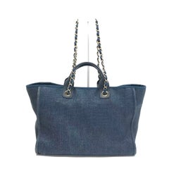 Chanel Deauville Tote Medium, marineblau, Raffia, Tragegriffe mit Ketten