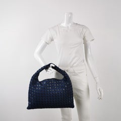 Bottega Veneta Hop Small Leather and Denim Intrecciato Navy Hobo Bag 41cm