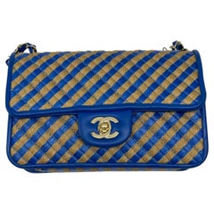Chanel Mini Raffia Jute Striped Flap Bag Blue Diamond Wild Stitch