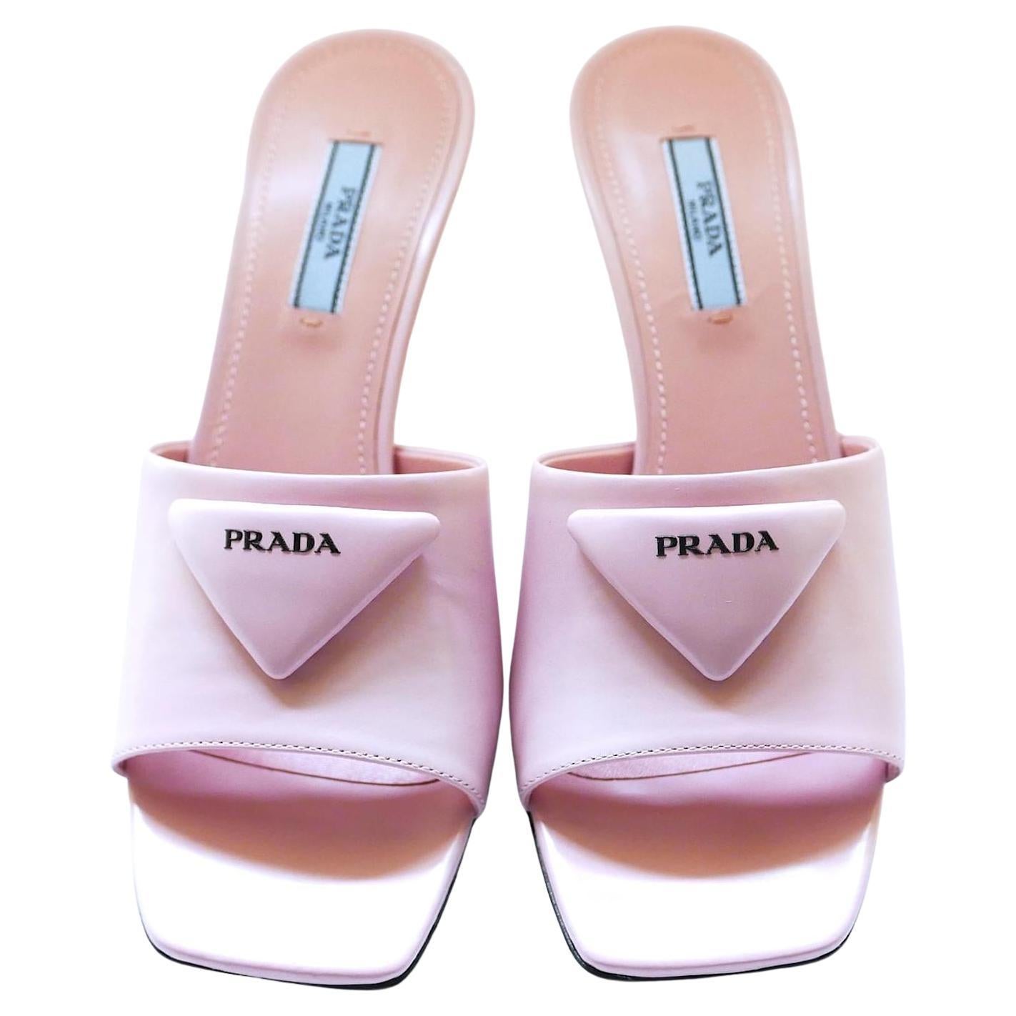 Prada 75 Triangle Logo Mules Pink For Sale