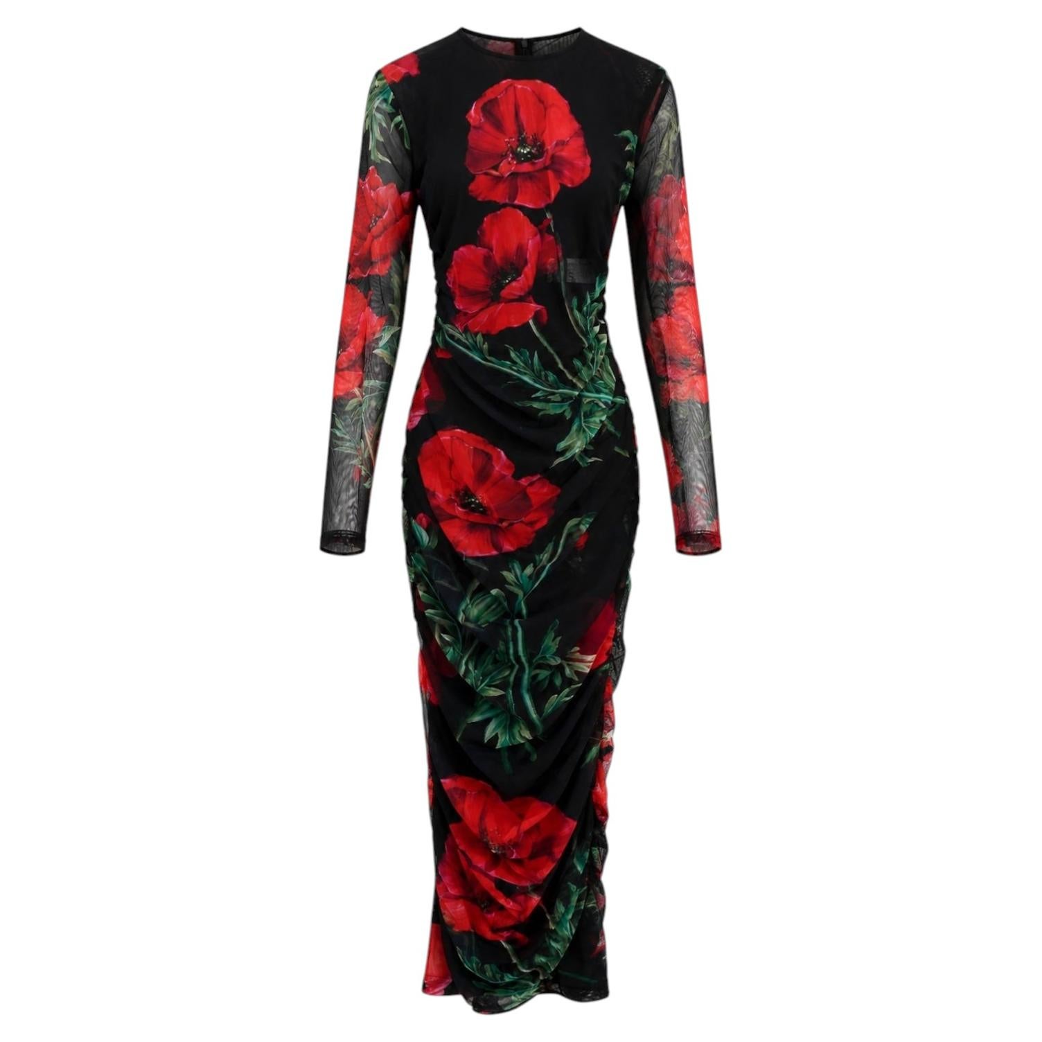 Dolce & Gabbana Mohnblumen-Print gerafftes Midikleid aus Mesh im Angebot
