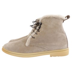 Loro Piana Ylvi Walk Fur Lined Lace Up Ankle Boots Beige Suede
