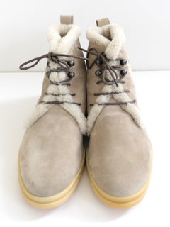 Loro Piana Ylvi Walk Fur Lined Lace Up Ankle Boots Beige Suede