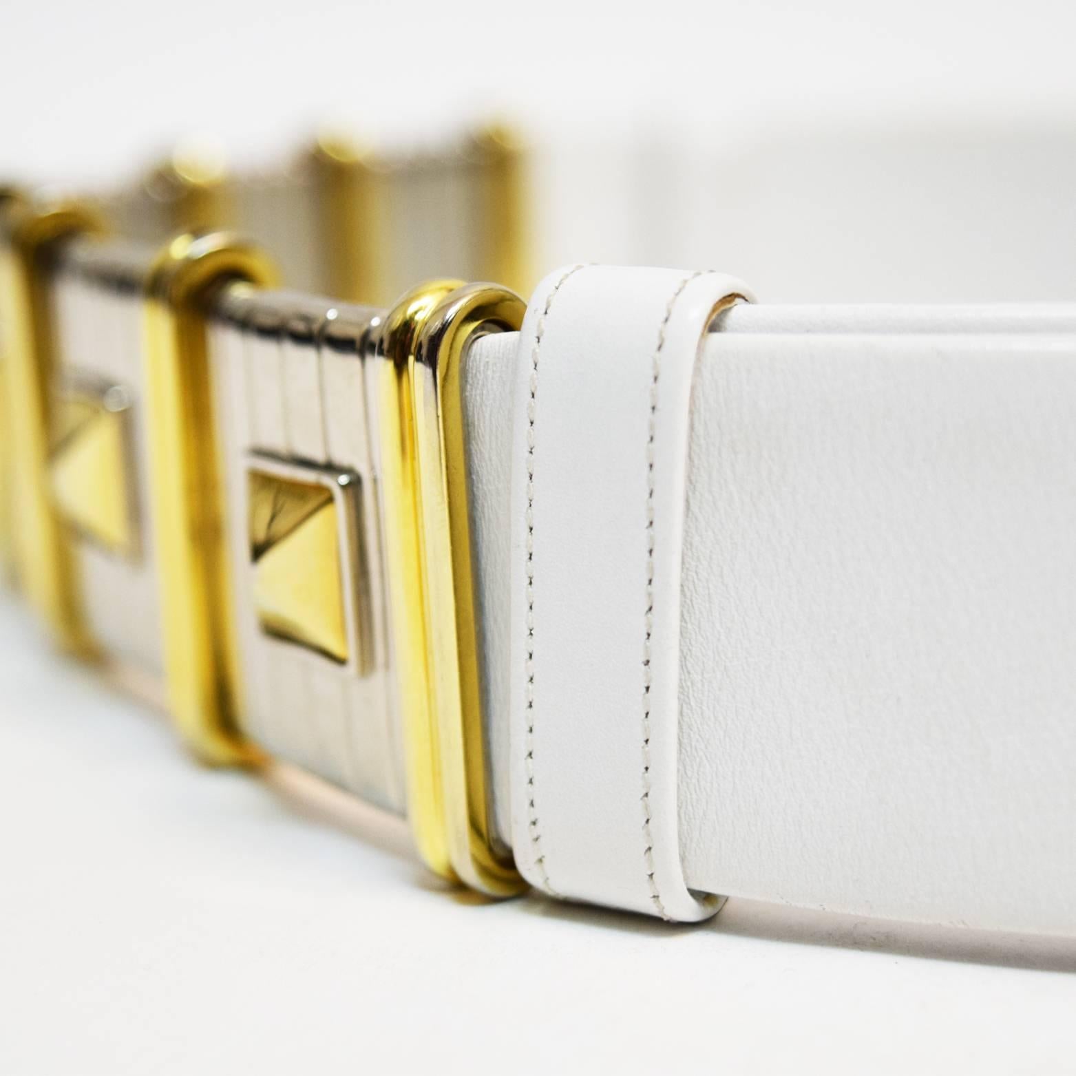 Judith Leiber White Leather Belt with Silver and Gold Studded Chain Links  For Sale 2