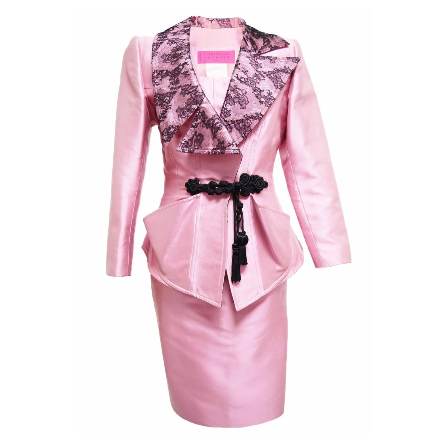 Christian Lacroix Vintage Taffeta Silk and Black Lace Pink Two Piece Skirt Suit  For Sale