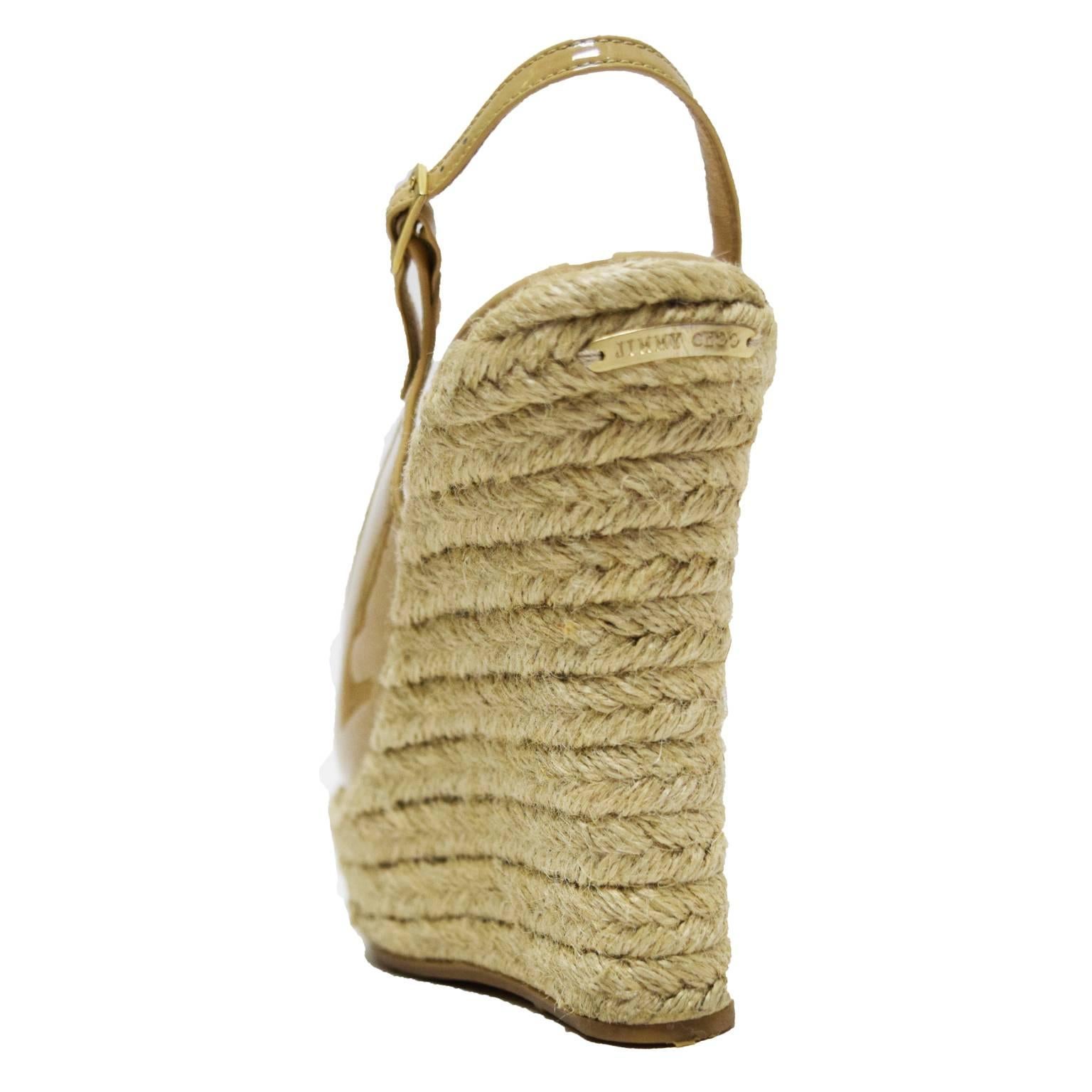 Beige Jimmy Choo Espadrille Nude Patent Leather Slingback Wedges For Sale