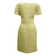Mary McFadden Silk Pleated Muted Chartreuse Sheath Dress