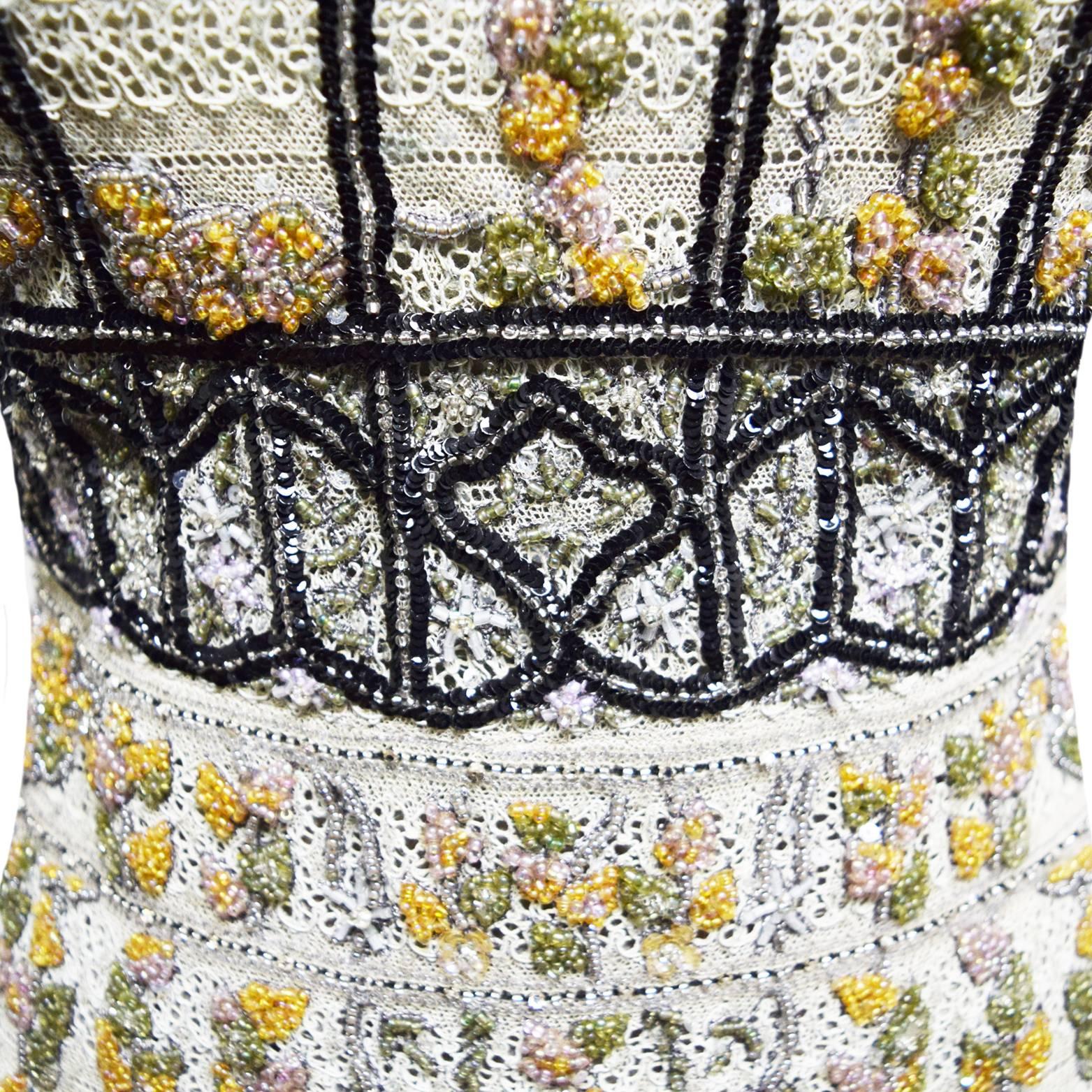 Badgley Mischka Crochet  Evening Gown with Black Glass Beading and Florettes In Excellent Condition For Sale In Henrico, VA