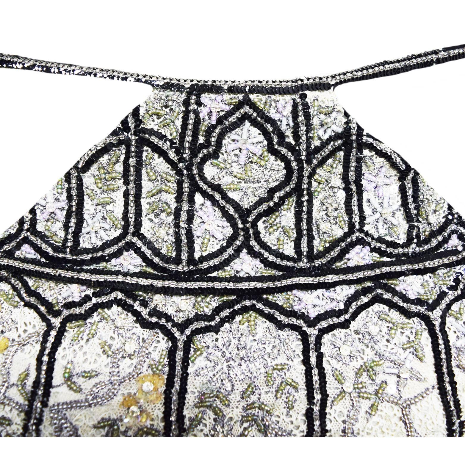 Badgley Mischka Crochet  Evening Gown with Black Glass Beading and Florettes For Sale 2