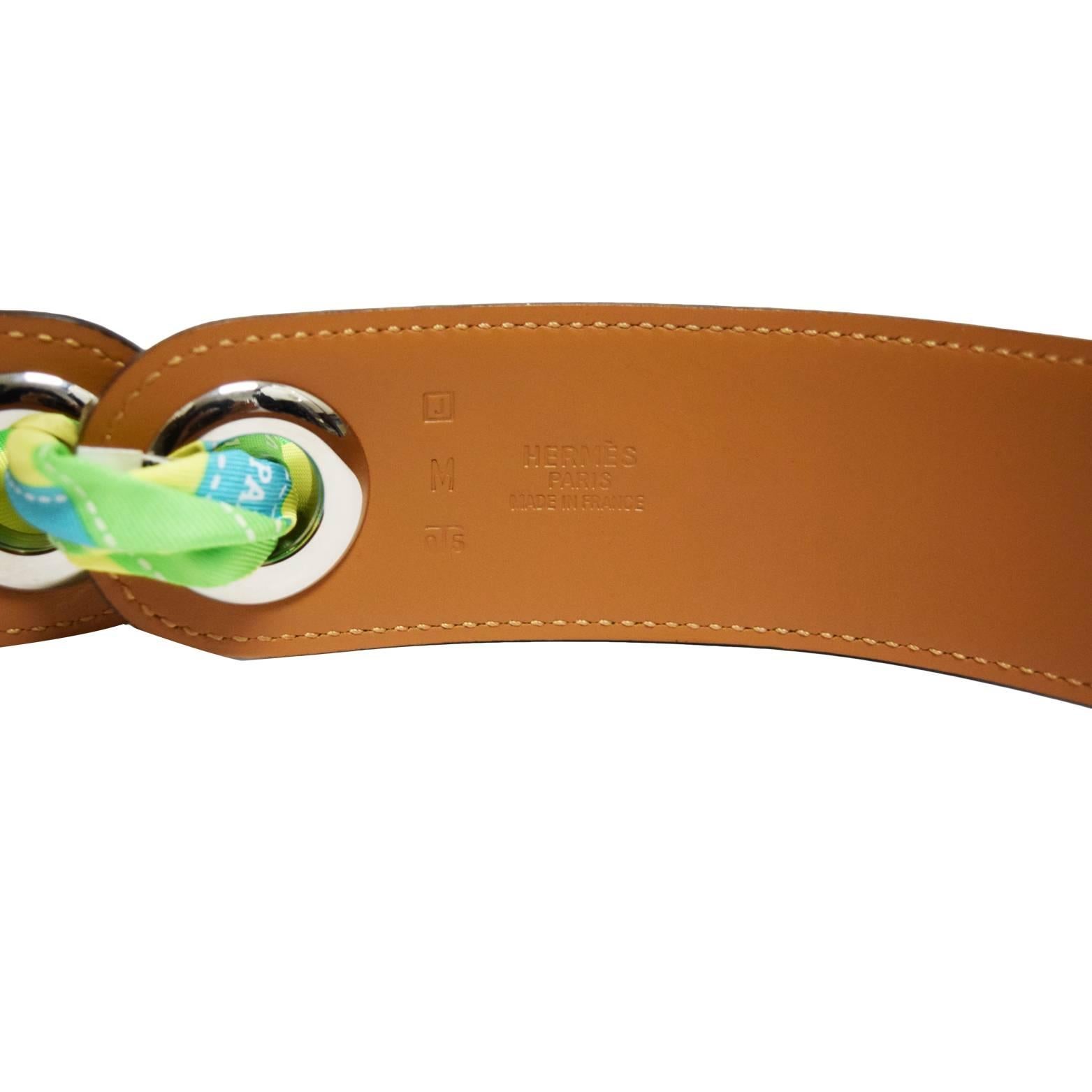 Green Hermes White Leather Belt with Removable Twilly For Sale