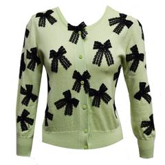 Oscar de la Renta Mint Green Cashmere Silk Blend Cardigan Set with Lace Bows