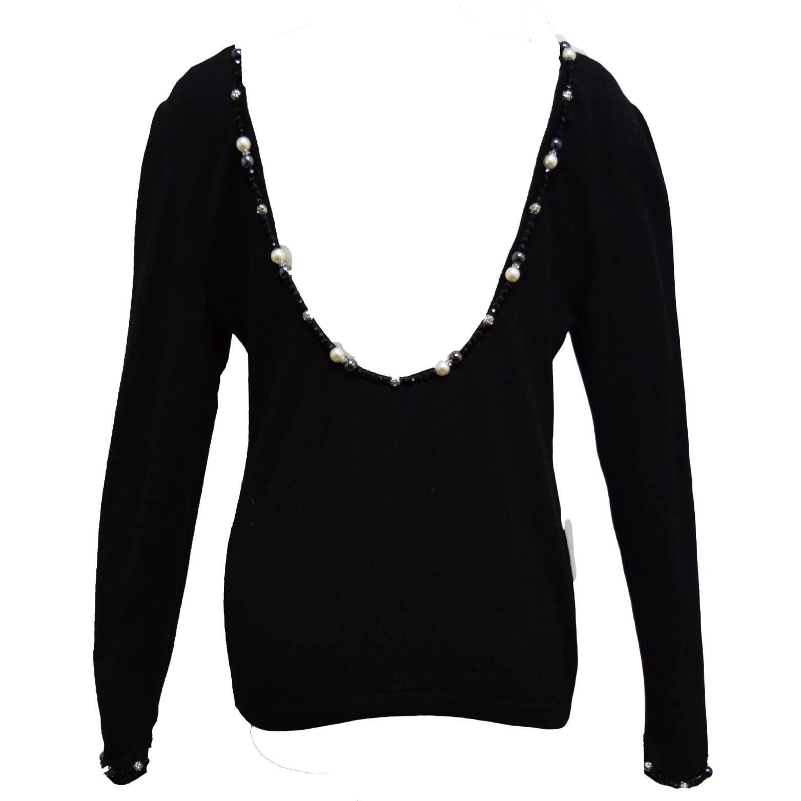 Valentino Night Black Wool Low Back Evening Sweater, Trimmed with Black Faceted Jets, Pearls, Hematite, Metal with Rhinestones beads all around the neckline and back along with the hem of the sleeves.