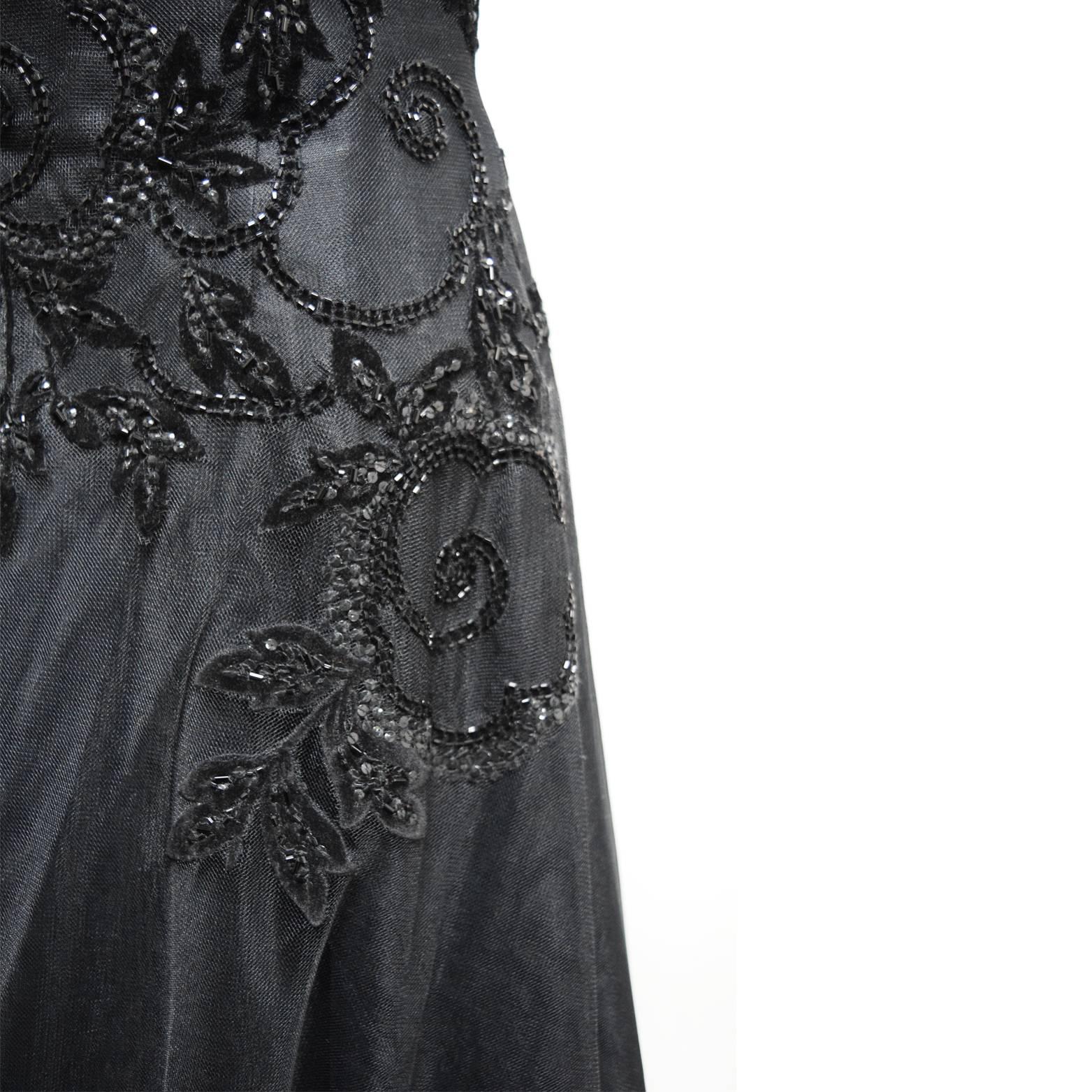 Women's Liancarlo Three Layered Tulle Black Evening Gown with Hand Embroidered Detail For Sale