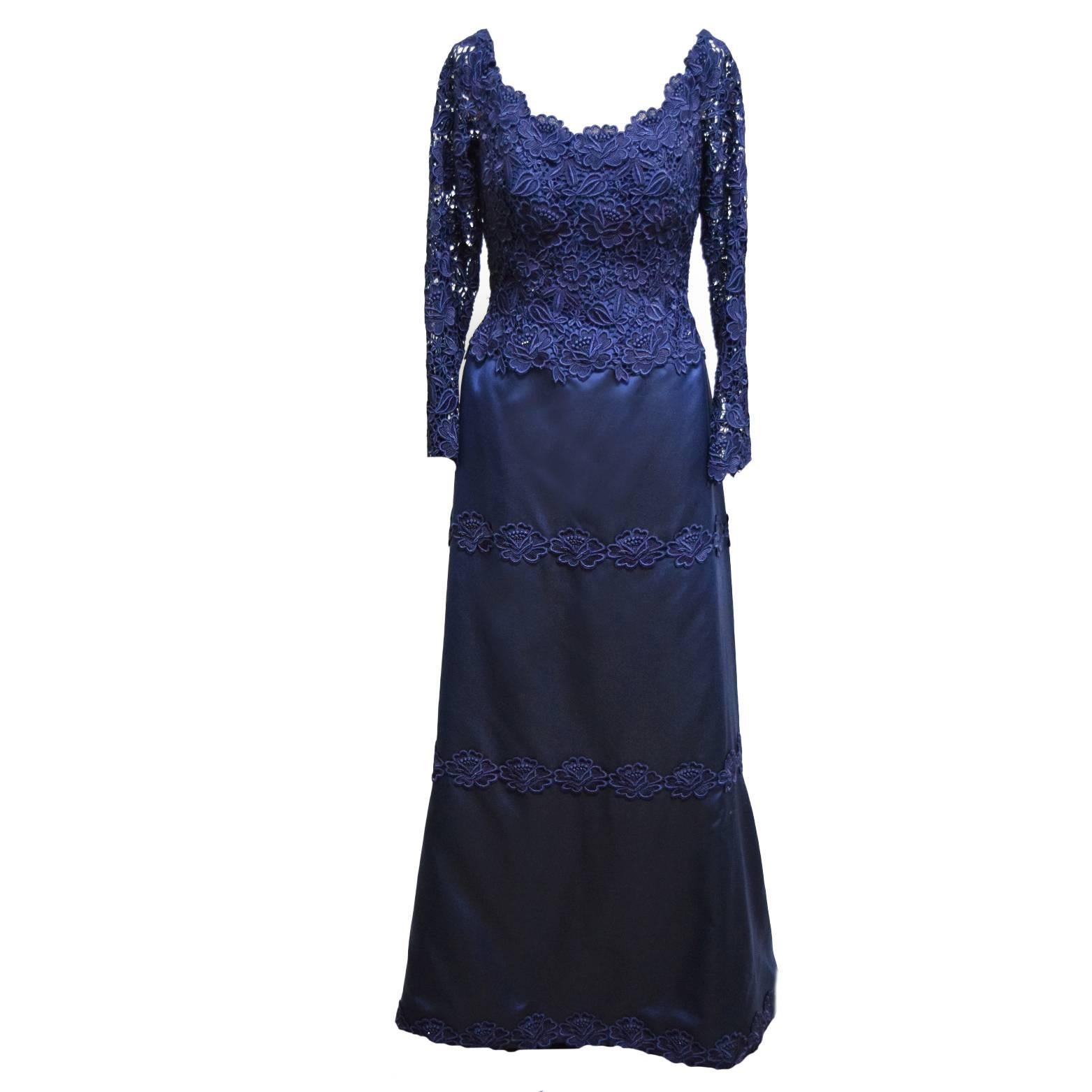 Helen Morley Off the Shoulder Navy Blue Evening Gown For Sale