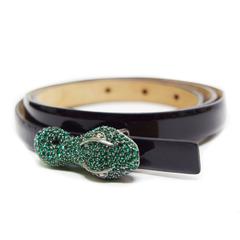 Valentino Black Patent Leather Skinny Belt with Emerald Swarovski Snake Buckle