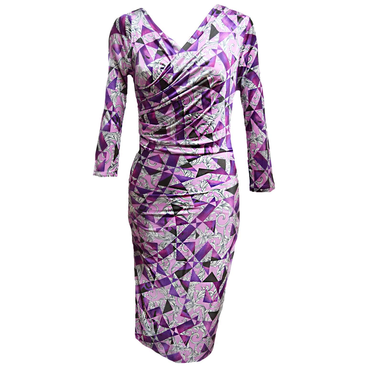Versace Monochromatic Baroque  Purple Printed Bodycon Wrap Dress  For Sale